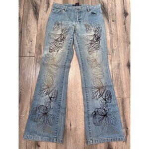 Willi Smith Womens Graphic Bootcut Printed Flare Leg Jeans Size 8 Blue Stretch D